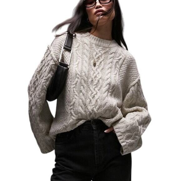 TOPSHOP Women's Knitted Drop Shoulder Cable Detail Jumper Size 0-2 In Oat - Picture 1 of 11